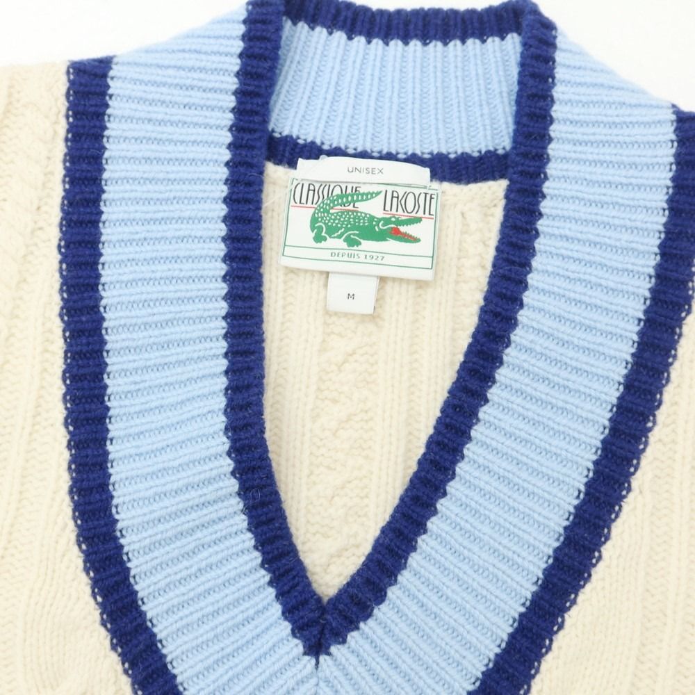 【中古】ラコステ LACOSTE ミドルゲージ ウール ケーブル編み Vネック プルオーバーニット アイボリー【サイズM】【ユニセックス】