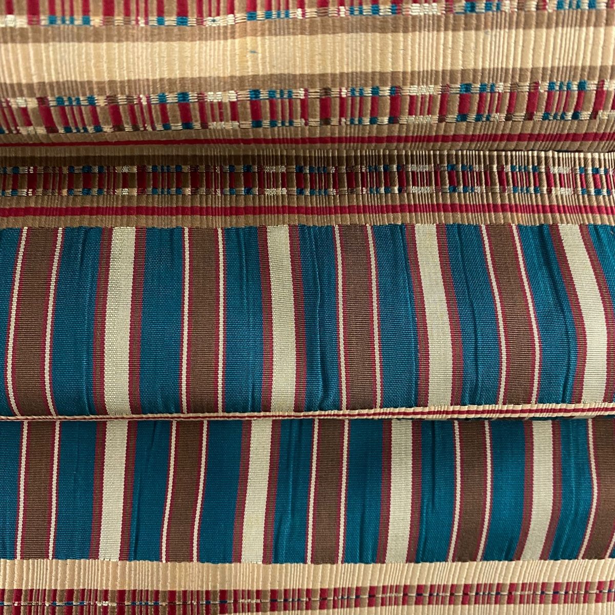 名古屋帯 美品 逸品 紬地 幾何学模様 縞 灰緑 正絹 中古 開き