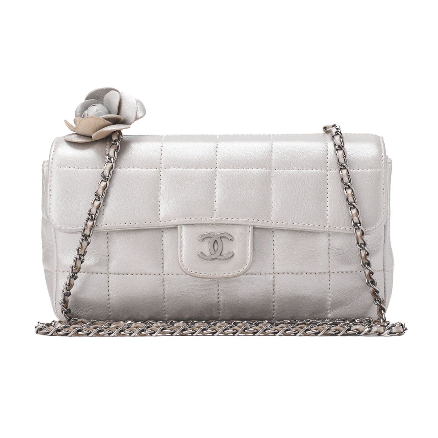 CHANEL シャネル チョコバー カメリア プッシュロック チェーンショルダー ラムスキン シルバー シルバー金具 レディース バッグ ショルダーバッグ レディース