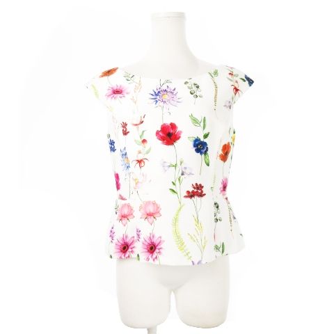 アナイ ANAYI ペプラムブラウス Vネック ノースリーブ キャップスリーブ プリント 花柄 ガーベラ ポピー 38 M 白 ホワイト /CK6 ■GY18