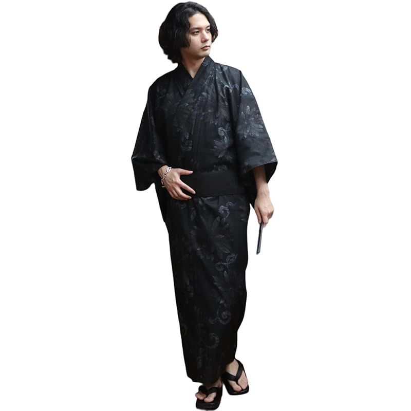 8 eight エイト 和柄 総柄 浴衣 3点セット メンズ 浴衣 帯 下駄 コットン 菊紋ブラックLL