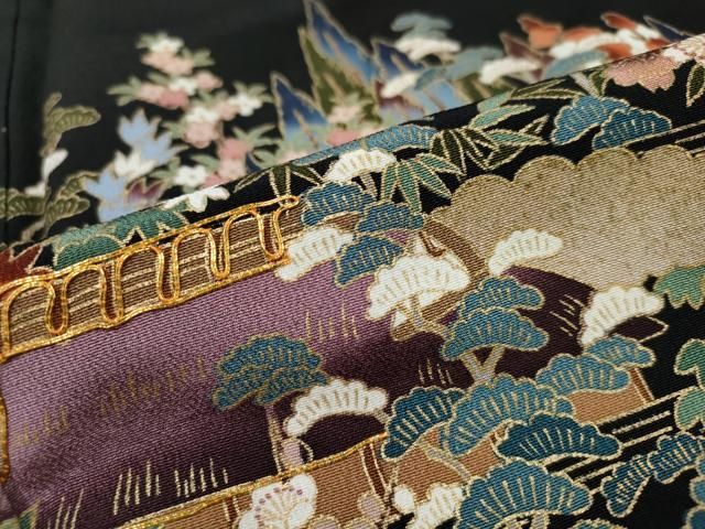 平和屋着物□豪華黒留袖 駒刺繍 檜扇花文 金彩 正絹 逸品