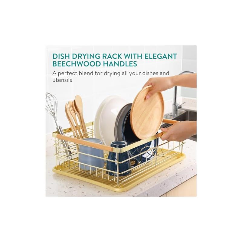 Navaris 水切りラック キッチンラック 水切りカゴ 水切りかご - 水切りトレー 洗い物 食器 キッチン 台所 - 耐久性 ハンドル付き 42.5x31.5x14cm ゴールド 0