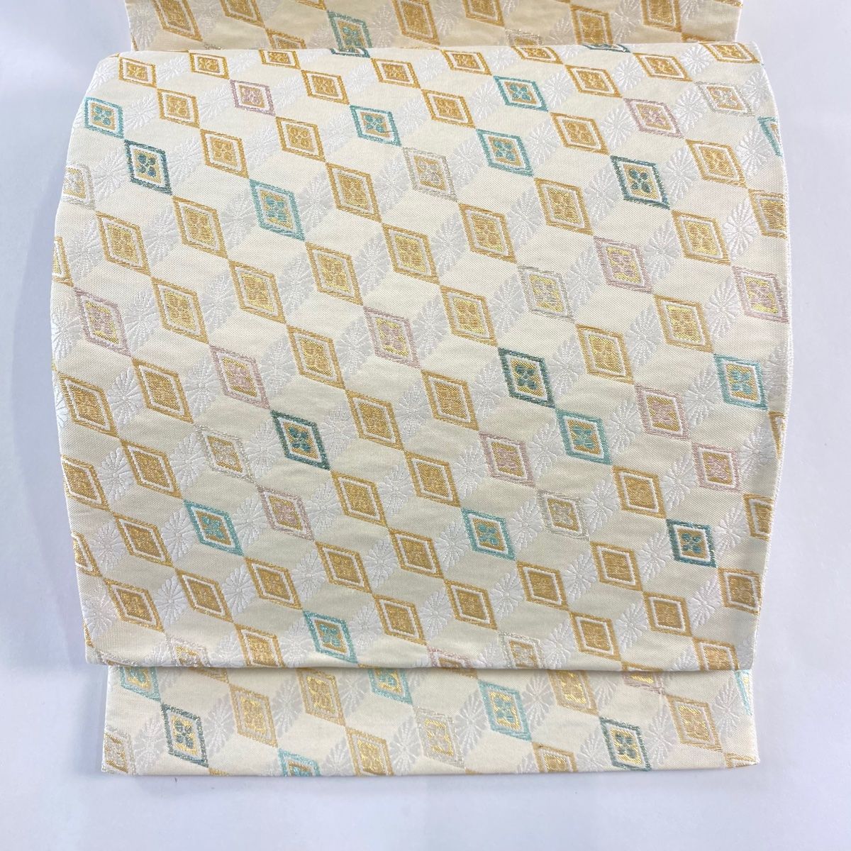 袋帯 美品 名品 菱 花 金銀糸 箔 クリーム 六通 正絹 【】