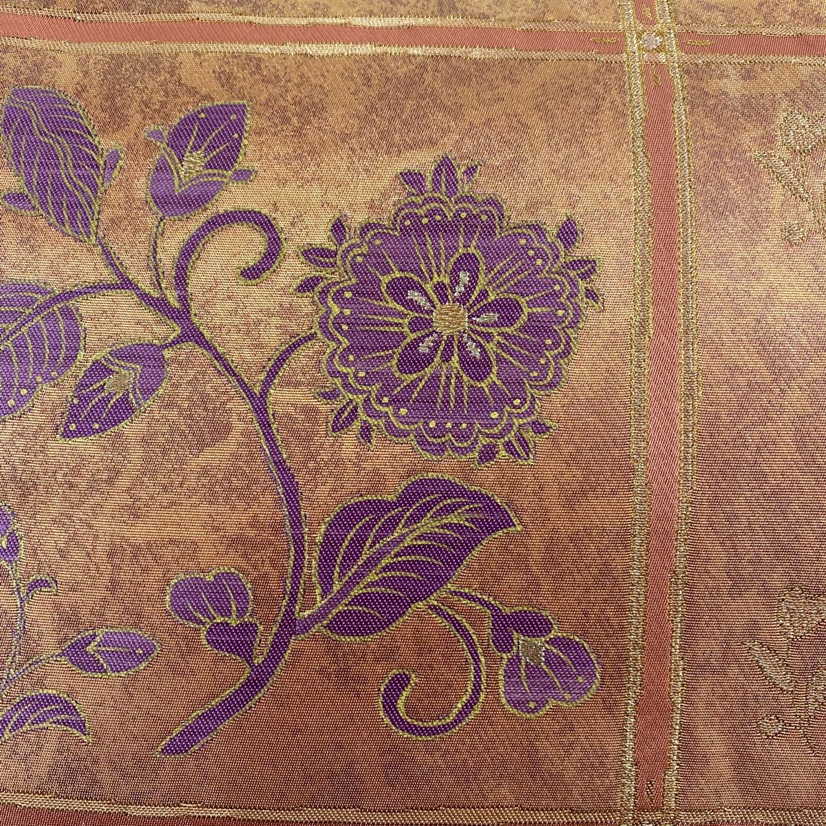 袋帯 美品 名品 落款 帝王紫 草花 格子 金銀糸 箔 サーモン 袋帯 美品 名品 落款 帝王紫 草花 格子 金銀糸 箔 サーモン