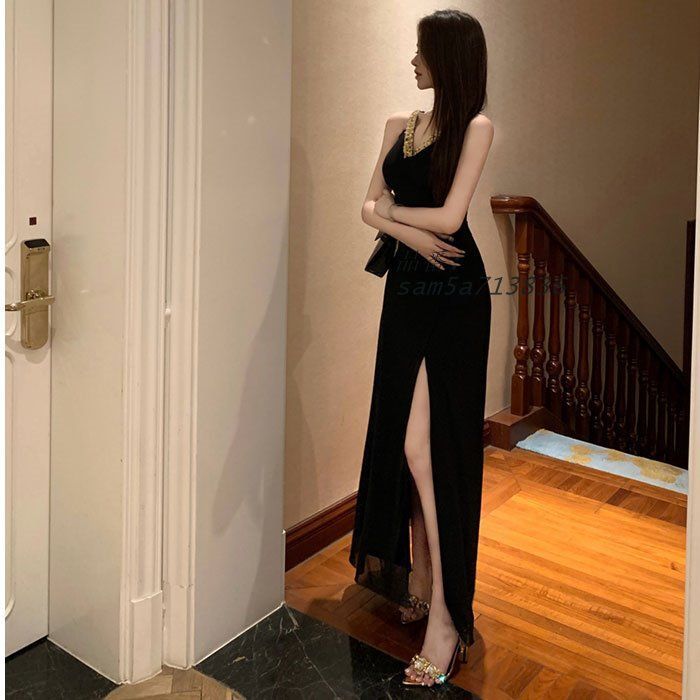 スパンコールVネック胸元ロングスリット ノースリーブワンピース