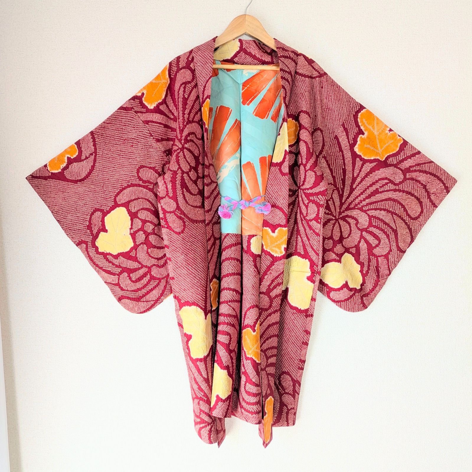 Japanese Vintage Haori Long Red Shibori Chrysanthemums