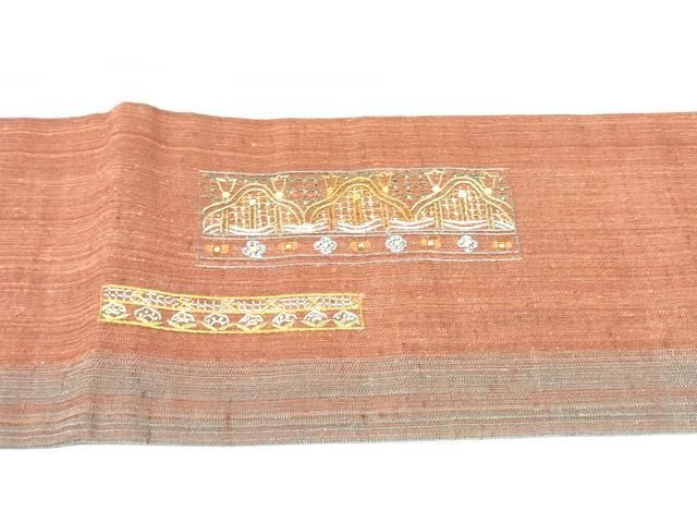 平和屋着物●中国三大刺繍　スワトウ刺繍　汕頭刺繍　相良刺繍　総刺繍　九寸名古屋帯　紬地　幾何学花文　金糸　正絹　逸品　DAAV9010ob 平和屋着物○中国三大刺繍 スワトウ刺繍 汕頭刺繍 相良刺繍 総刺繍 九