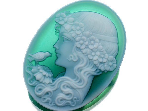 ジュエリー極】綺麗な貴婦人と小鳥の彫刻 高級グリーンストーンカメオ