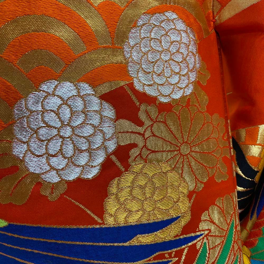 色打掛 正絹 菊 鶴 刺繍 金 オレンジ 打掛 花嫁衣裳 婚礼 リサイクル  
