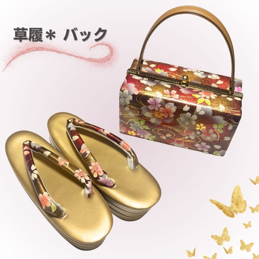 ユ－ズド 和装小物 草履 バッグ 草履バッグセット ゴ－ルド 振袖 エナメル 花 zb27