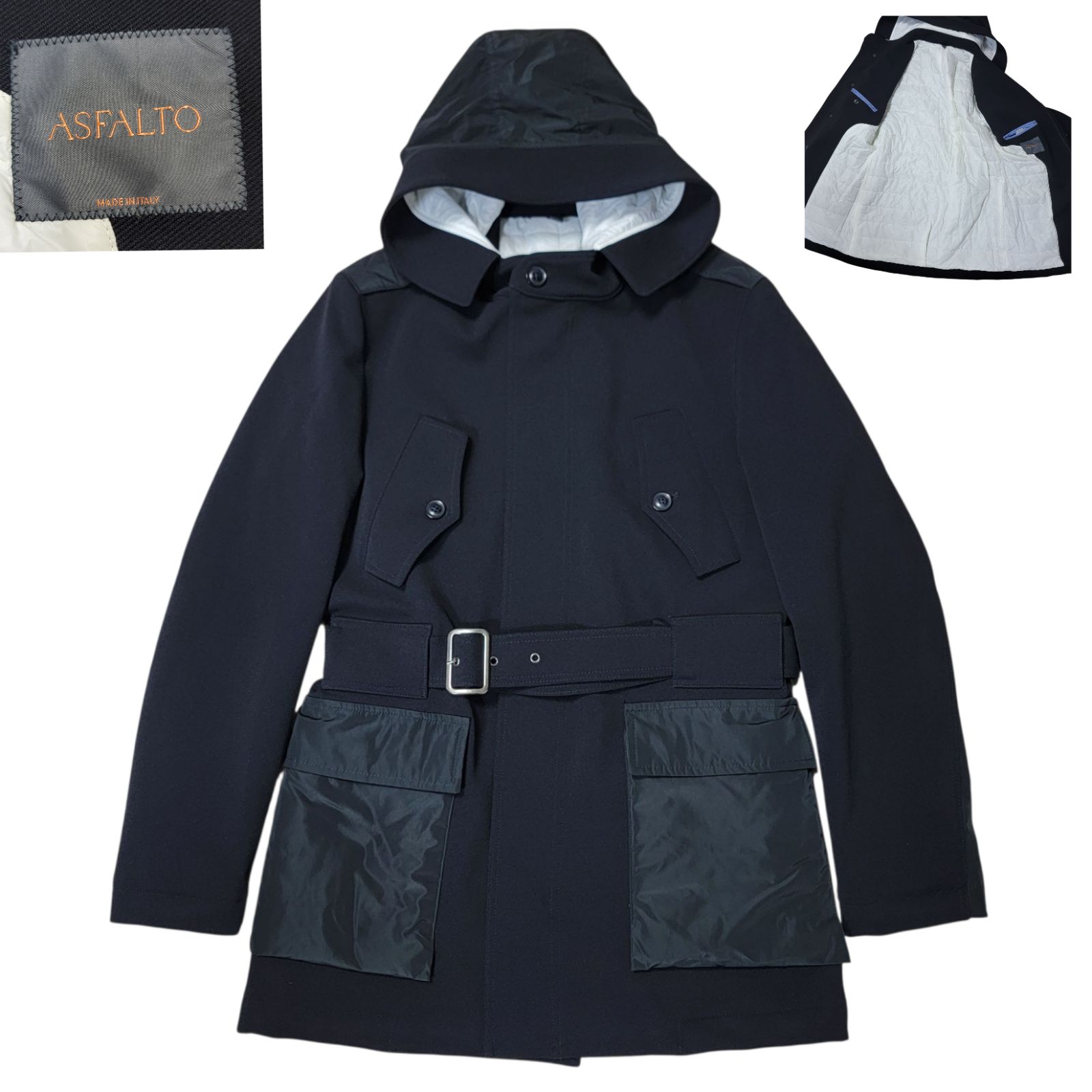 イタリア製 アスファルト ASFALTO フーディーコート 裏地中綿キルティング 46 日本M～L 黒 キルティングコート