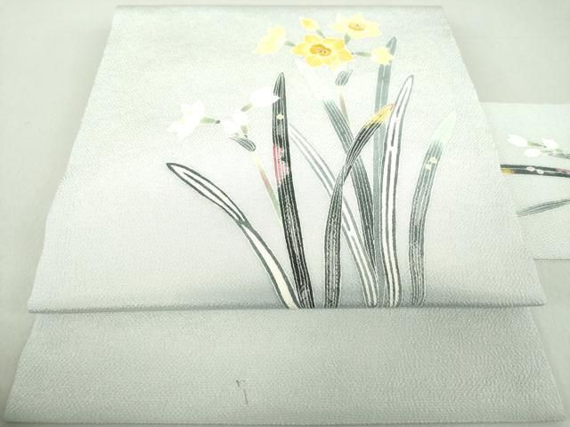 平和屋着物●人間国宝・羽田登喜男　九寸名古屋帯　水仙　鬼しぼ縮緬　正絹　逸品　未使用　DAAU5324ps 平和屋着物○人間国宝・羽田登喜男 九寸名古屋帯 水仙 鬼しぼ縮緬 正絹