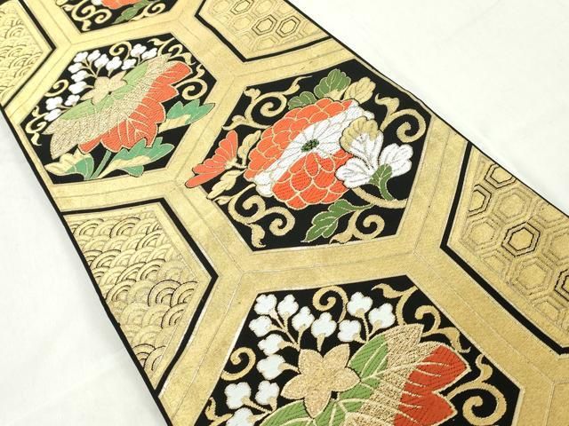 平和屋着物◎六通柄袋帯 唐織 亀甲花文 黒地 金糸 正絹 逸品