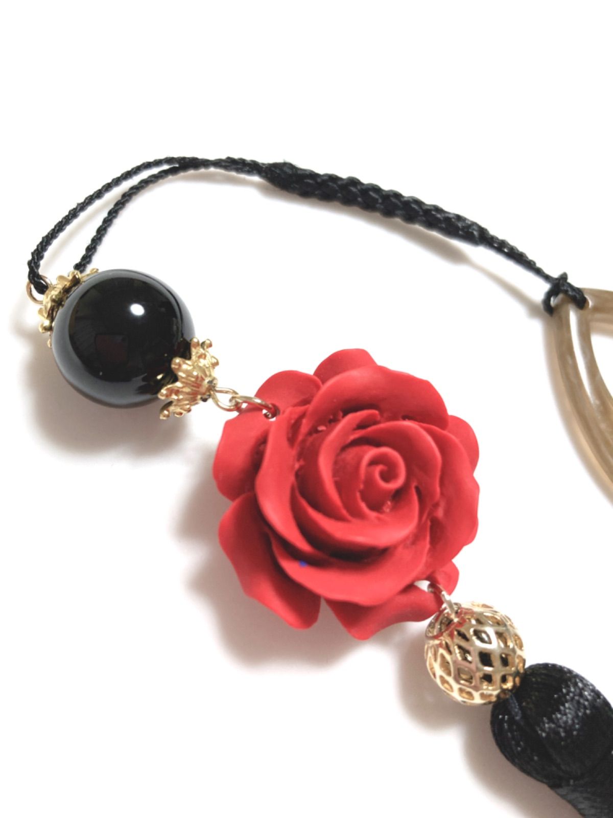 [ハンドメイド] 帯飾り・根付け 薔薇・オニキス・タッセル