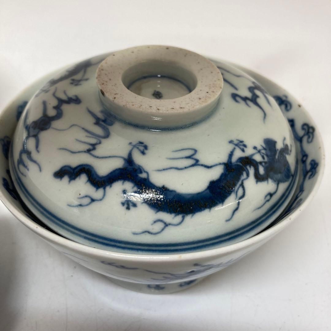 中国清時代 青花 雲龍の図蓋茶碗、盃3客 東Y5-0822②