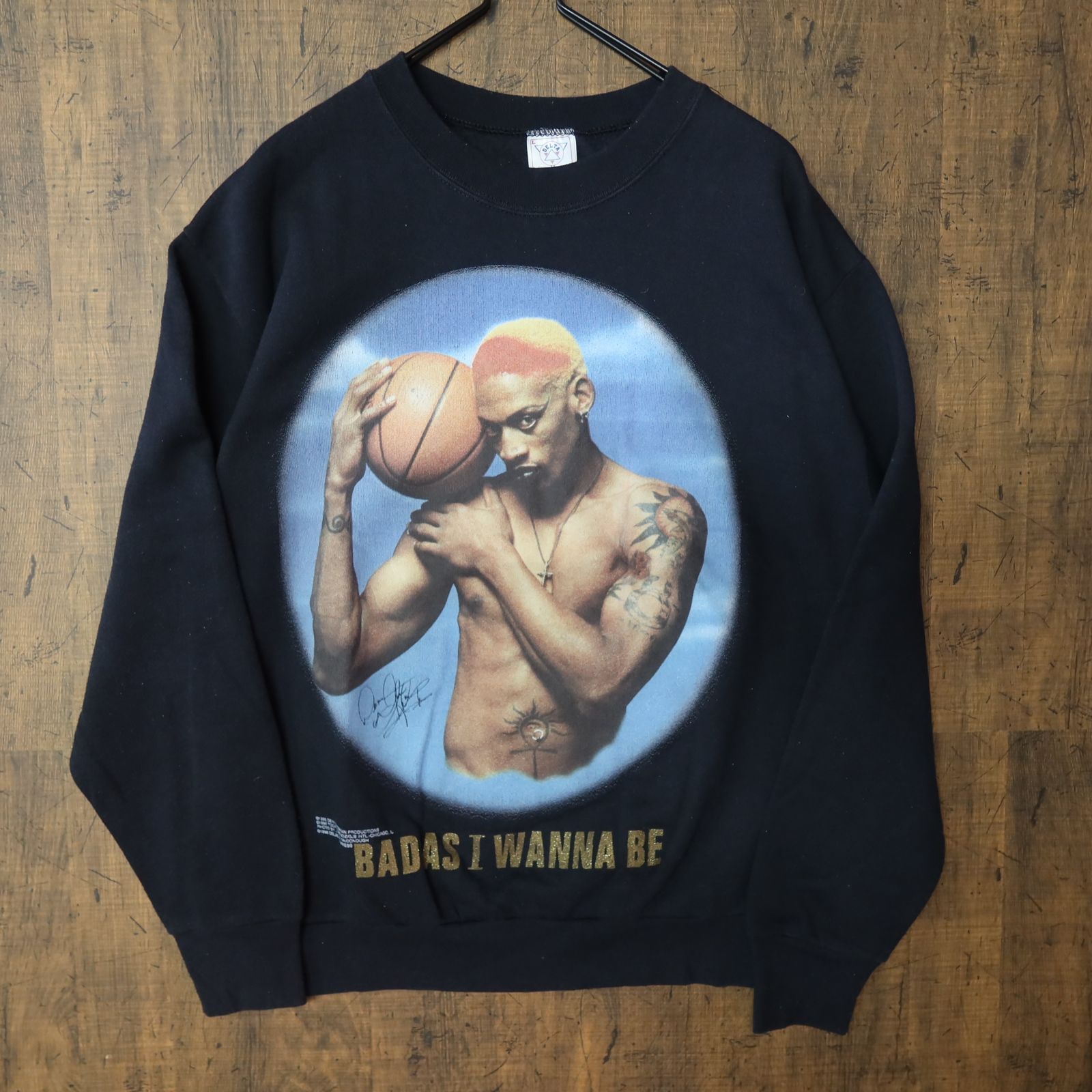 90s 希少 Vintage US古着☆Dennis Rodman デニスロッドマン DELTAボディ 長袖 プリント スウェット SIZE L  ブラック 90's 90年代