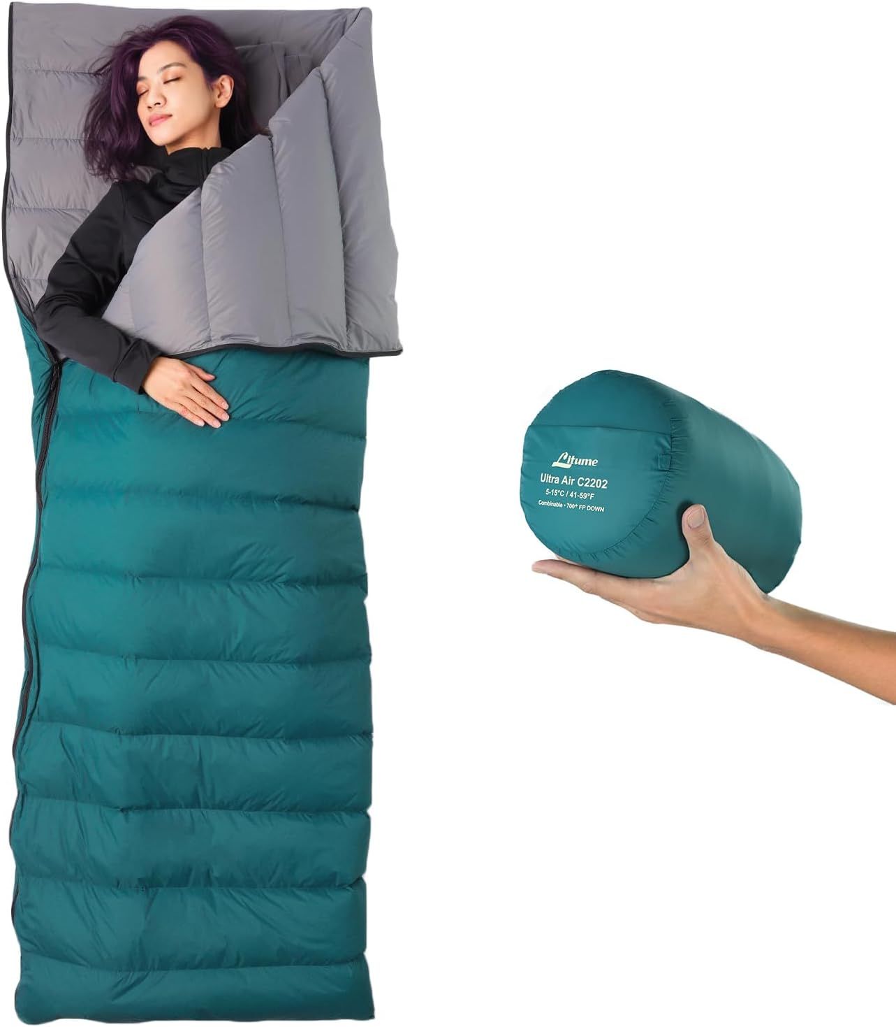 Litume 5°C-15°C 合体 ダウン寝袋 565g 軽量 パッキング 大人用寝袋 ダブル寝袋 バックパッキング キャンプ ファミリー向け コンパクトな収納袋付き