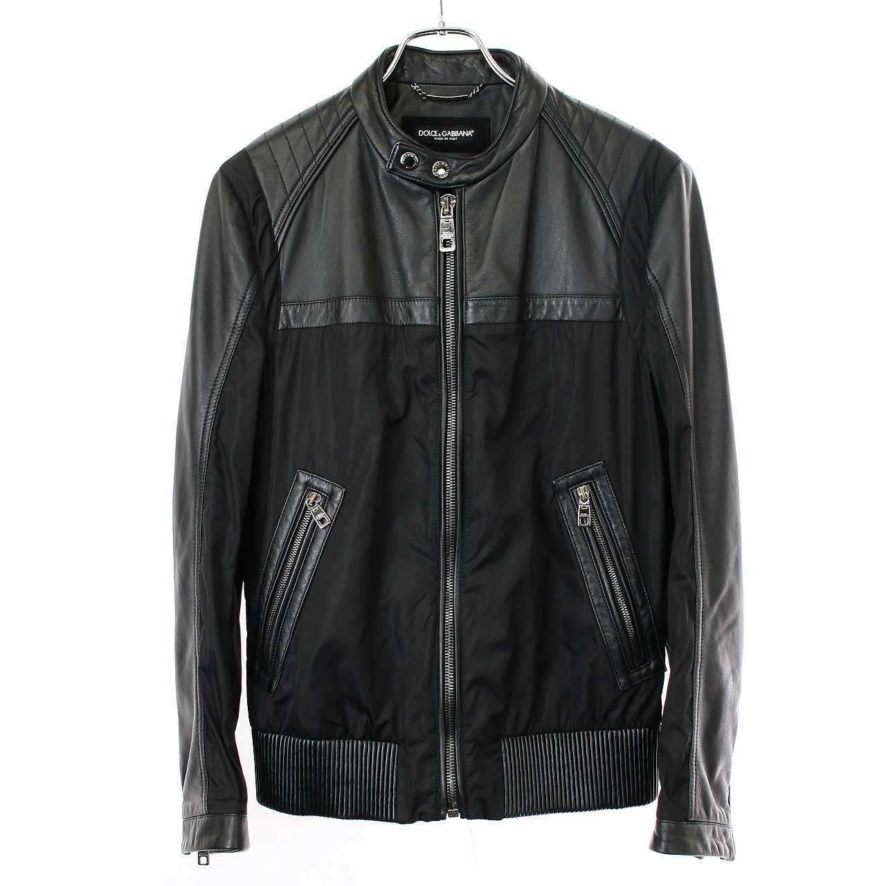 DOLCE-GABBANA ドルチェ＆ガッバーナ レザーナイロンコンビネーション ライダースジャケット G9NL2L|HULCV ブラック 44