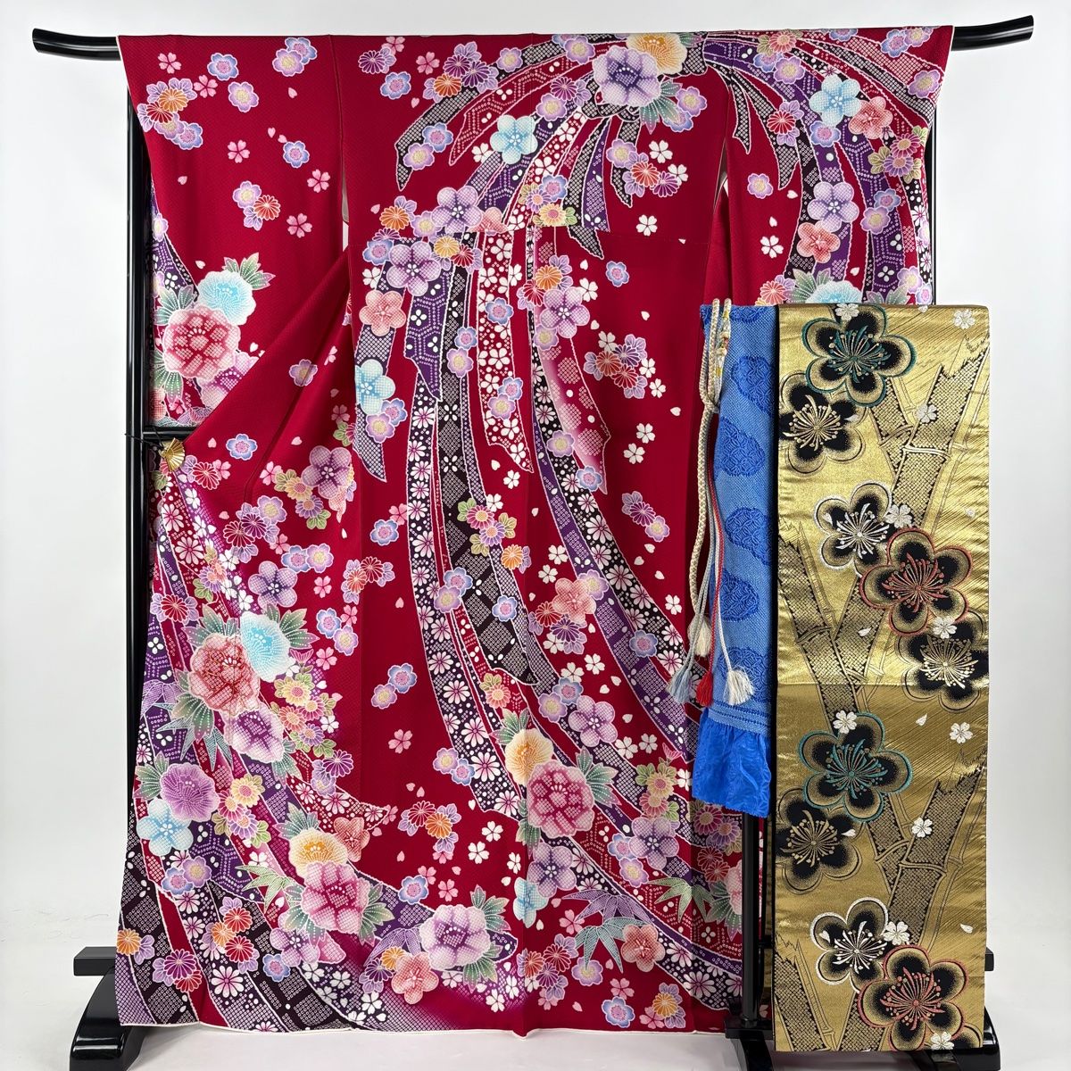 振袖 身丈168.5cm 裄丈68.5cm L 袷 袋帯フルセット 牡丹 束ね熨斗 金糸 ぼかし 赤 正絹 名品