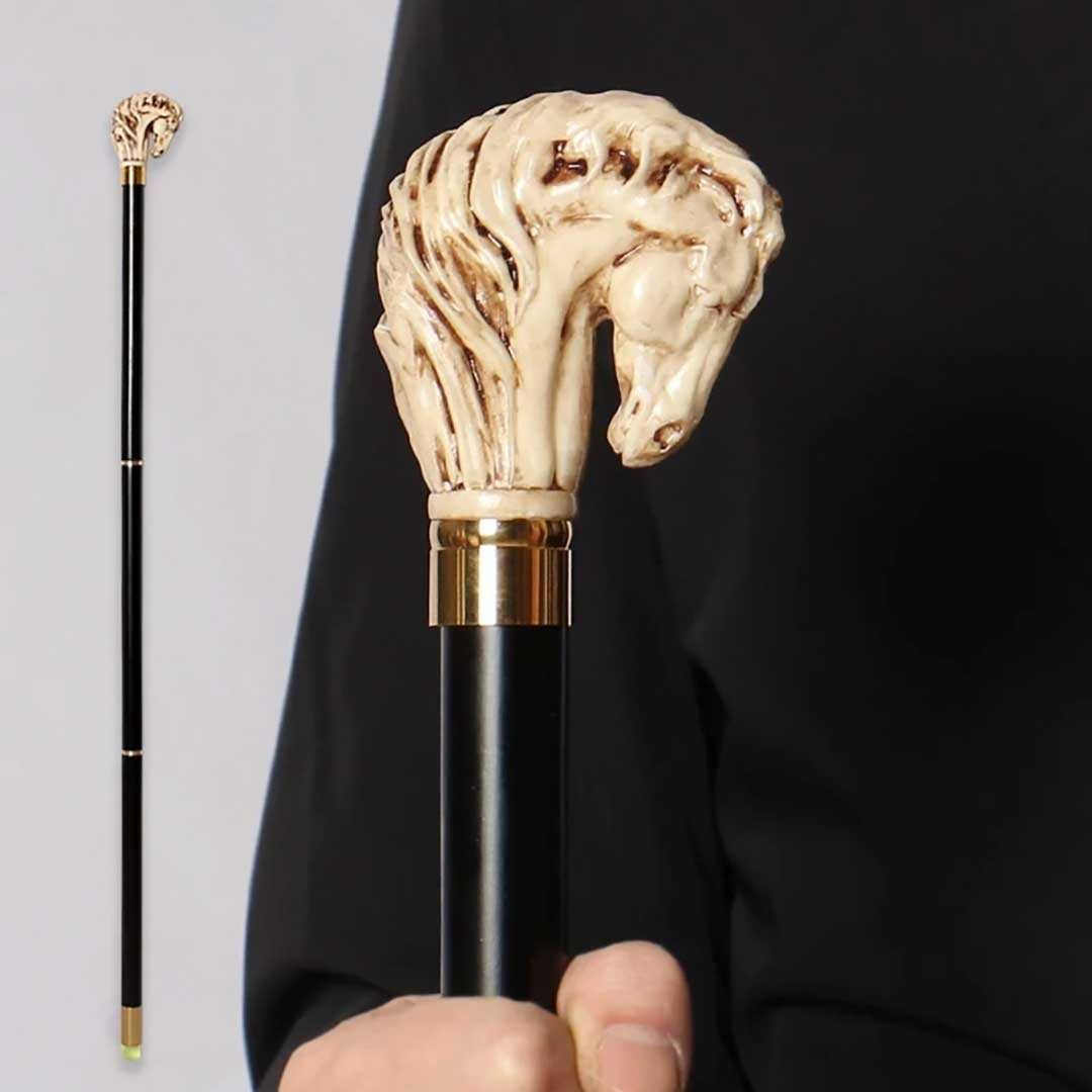 アンティーク)馬の頭のハンドル付き杖 ステッキ 馬 杖 馬頭杖