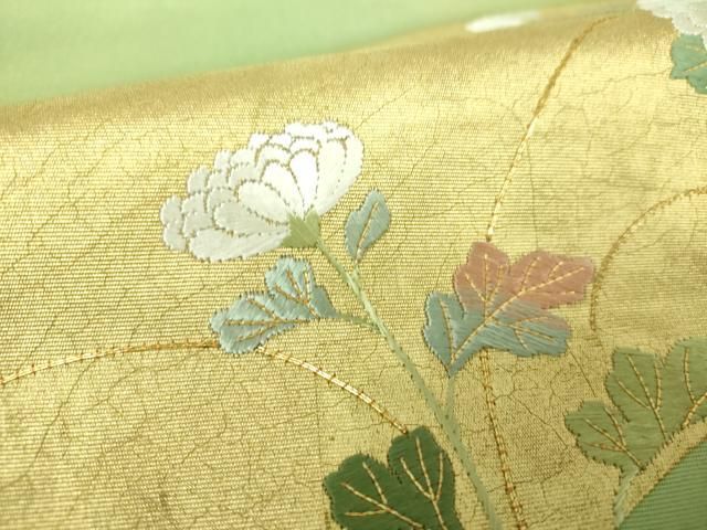 平和屋着物○塩瀬 九寸名古屋帯 駒刺繍 地紙花文 金彩