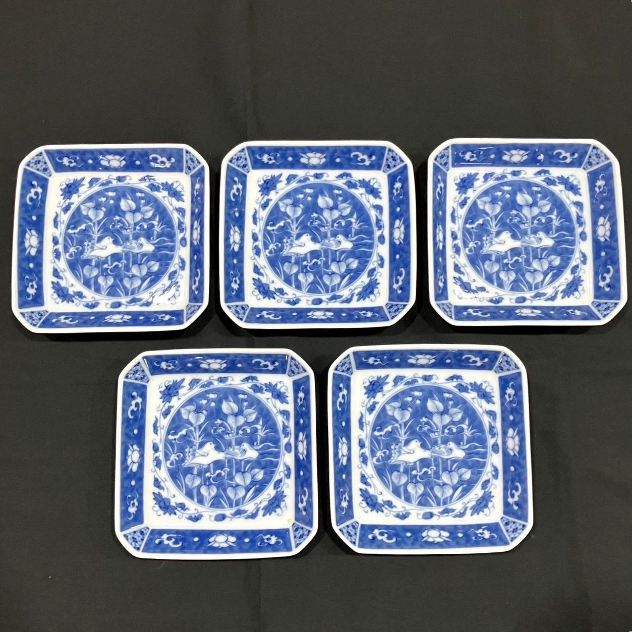 FUKAGAWA PORCELAIN 深川製磁 皿 角深皿 染付 オシドリ 鴛鴦絵角