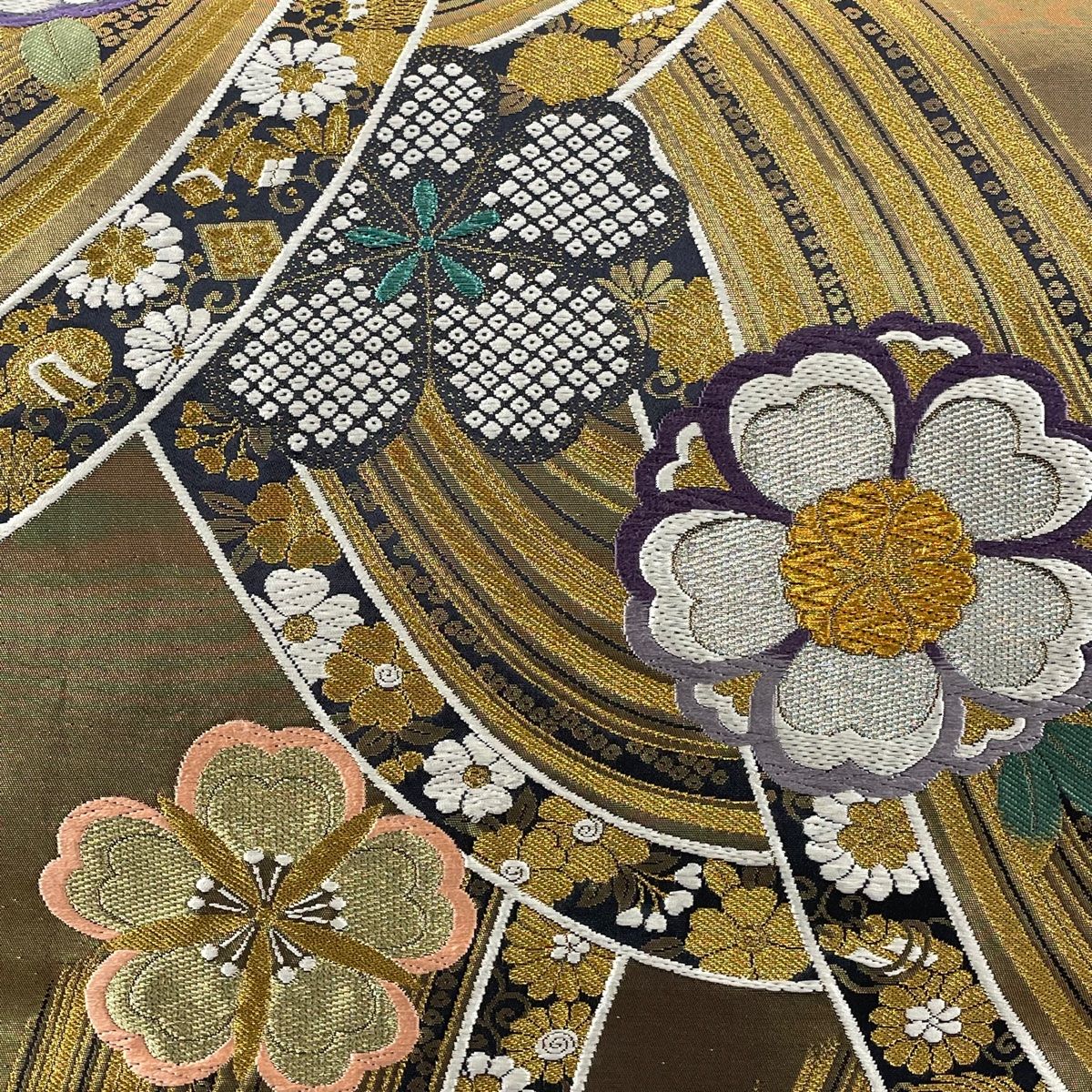 袋帯 秀品 織悦 落款 花唐草 箔 朱色 全通 正絹 中古 袋帯 秀
