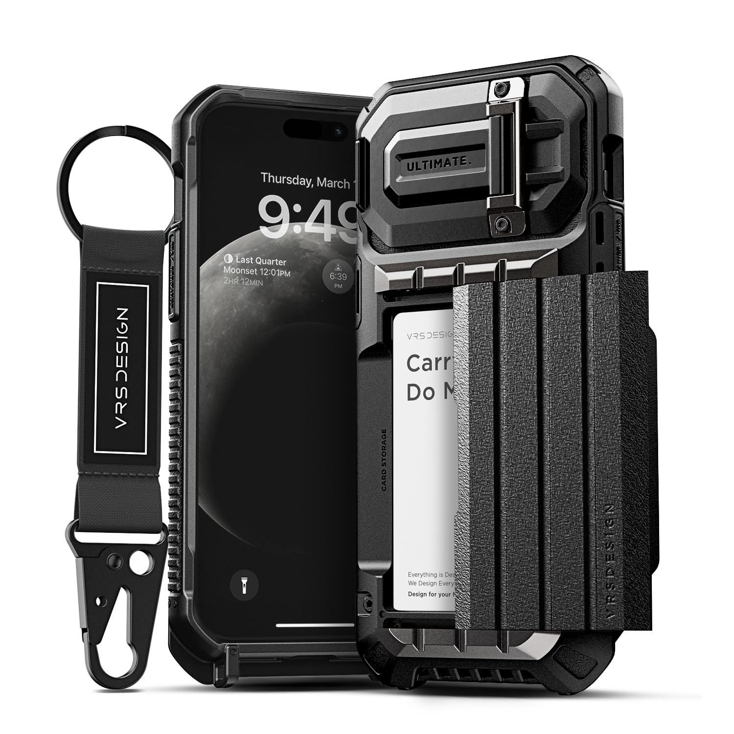 VRS DESIGN Damda Glide Ultimate for iPhone 15 Pro Max 2025 用 で頑丈なフルカバーカメラレンズ保護ウォレットケース 多機能ストラップ付き マットブラック マットブラック