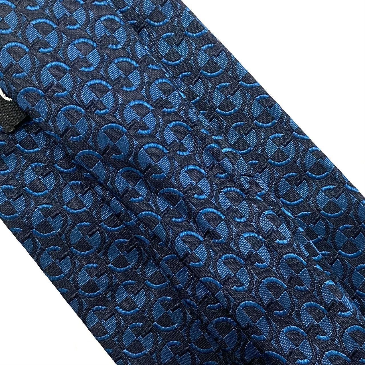GUCCI】ネクタイ SILK/シルク 100% GG チェック ネイビー ブルー/青系