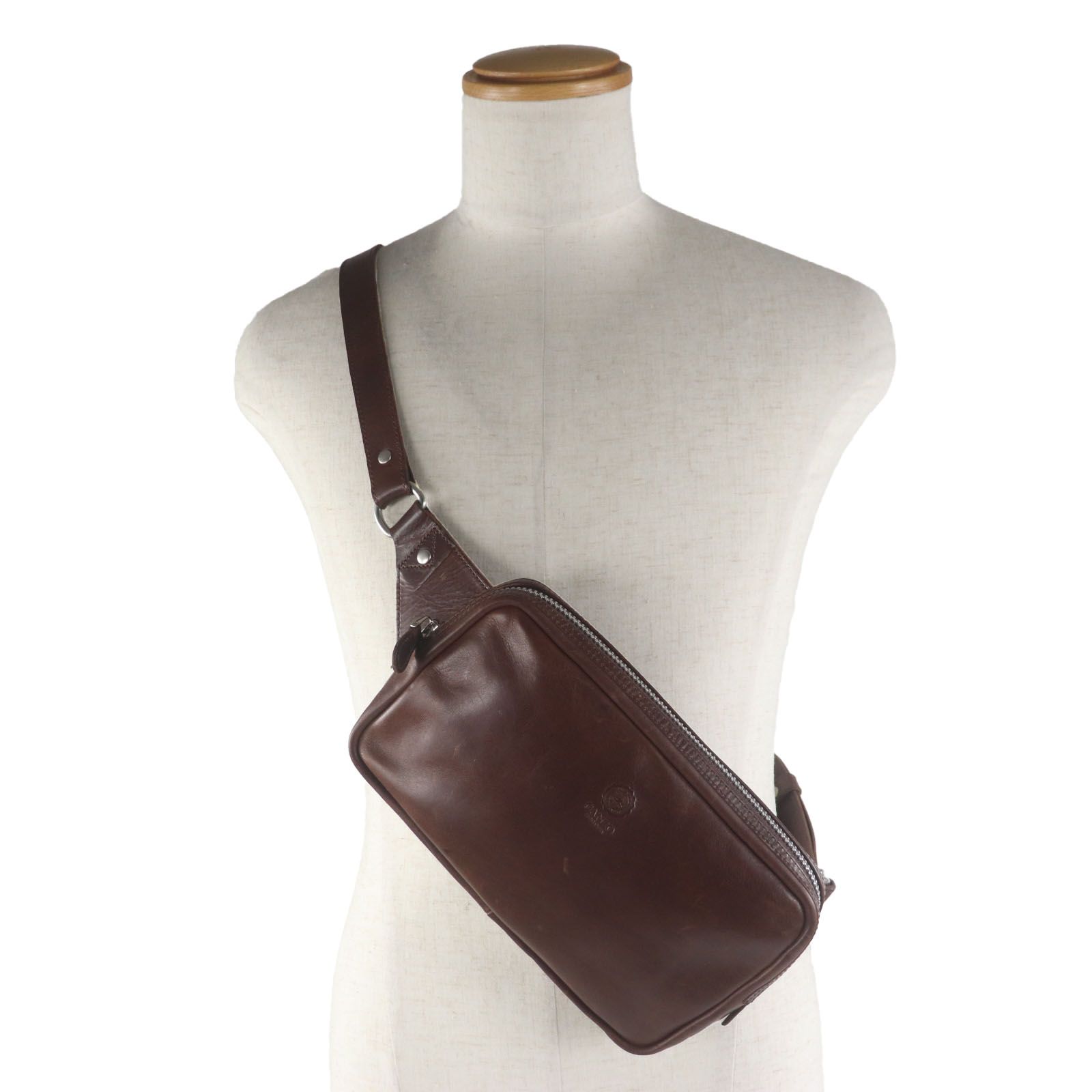 GANZO ガンゾ SACCHETTO4 サケット4 馬革 ホースレザー ロゴ刻印入り ベルトバッグ ボディバッグ ダークブラウン シルバー金具 日本製 メンズ