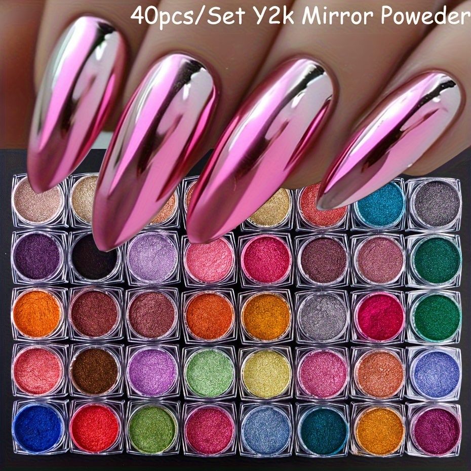 40色のメタリッククロームネイルパウダーピグメント Y2Kミラーエフェクト ダストUVジェルポリッシュ DIYフレークス マニキュアアクセサリー