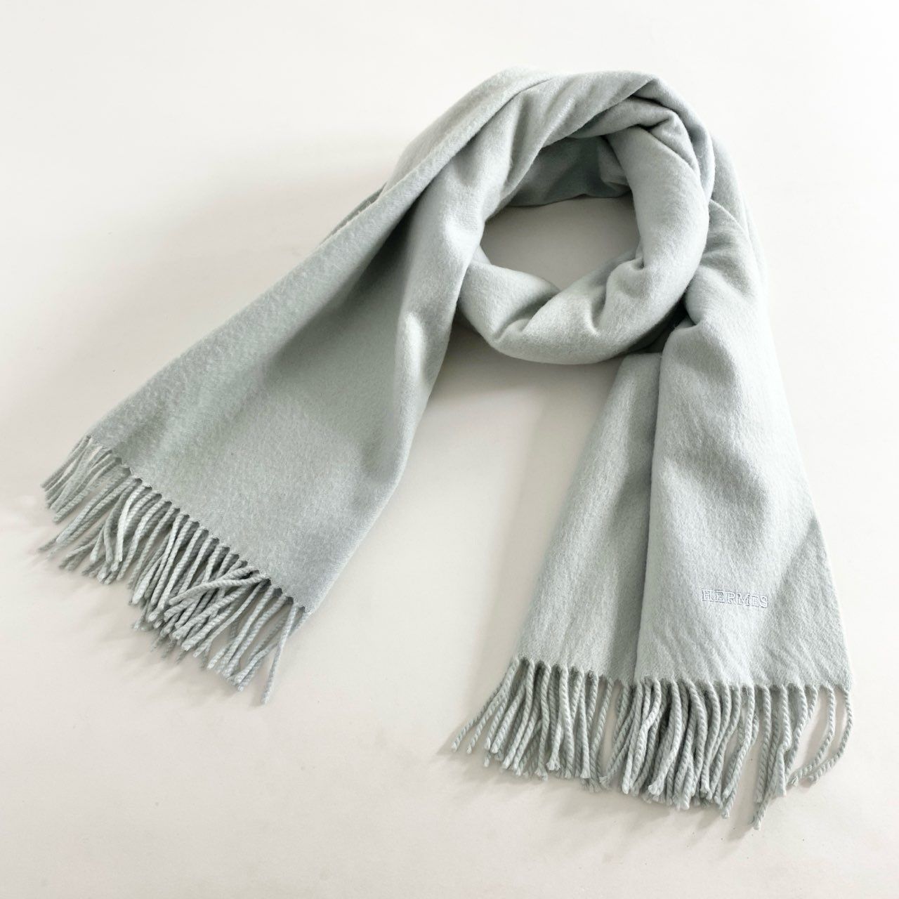 i2 HERMES エルメス ライトブルー カシミヤ100％ カシミヤストール 