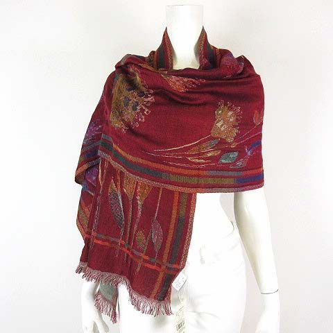 artipur ストール マフラー ウール ボタニカル 花柄 ボルドー 緑 美品