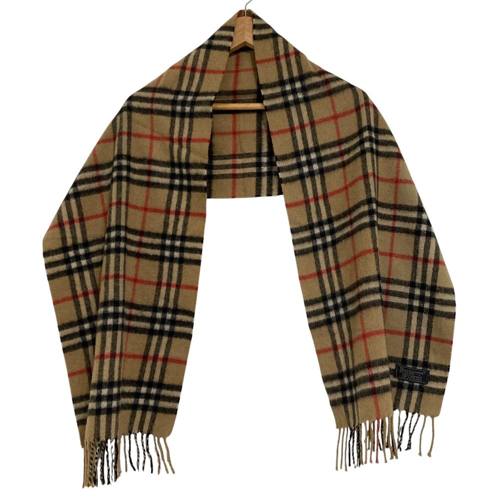 Burberrys バーバリーズ ヴィンテージ カシミヤ100% ノバチェック柄 フリンジ マフラー ストール ベージュ メンズ レディース 古着