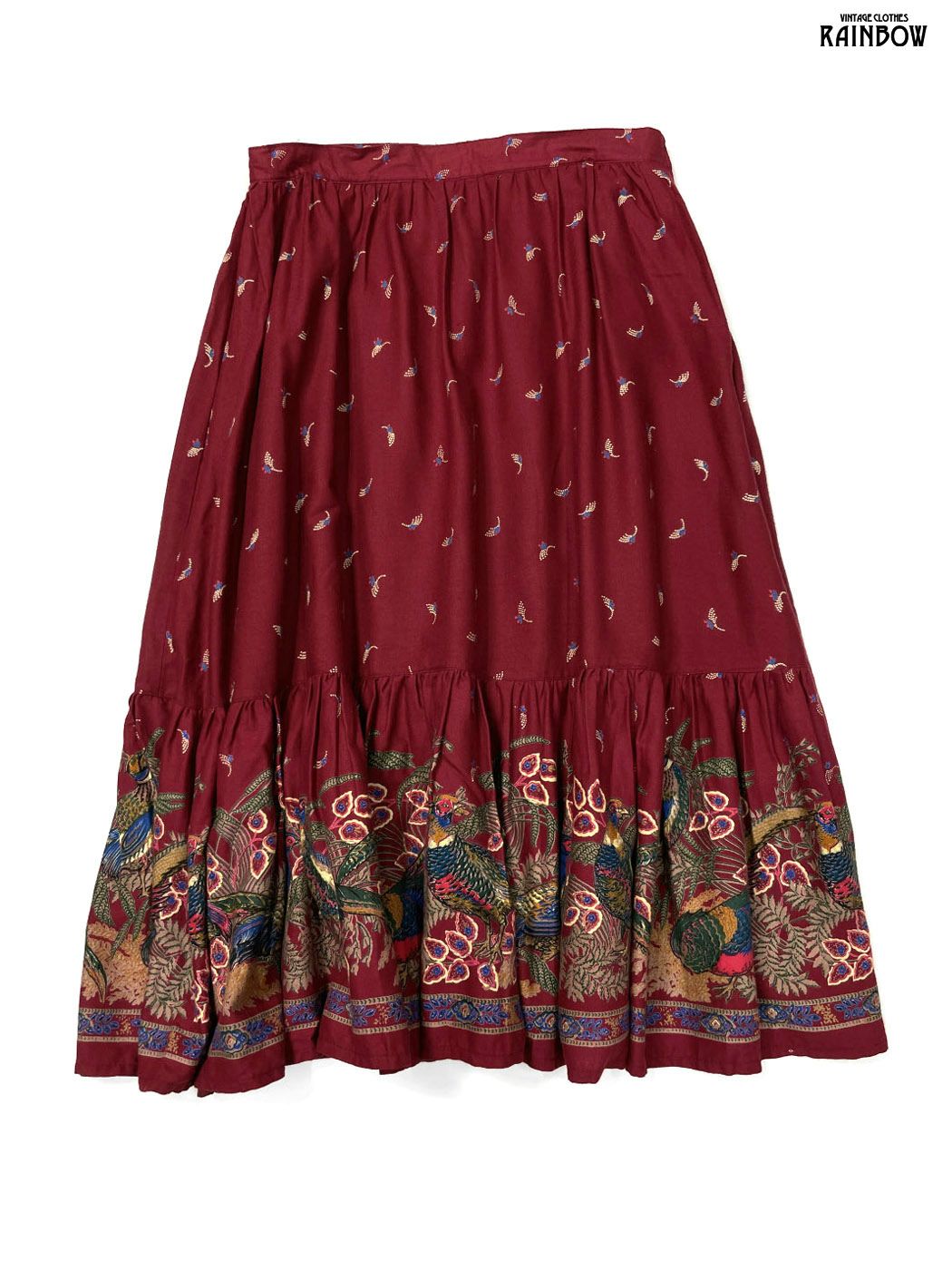 古着 鳥 キジ 総柄 コットン 膝丈 スカート 赤 ボルドー btu2509096