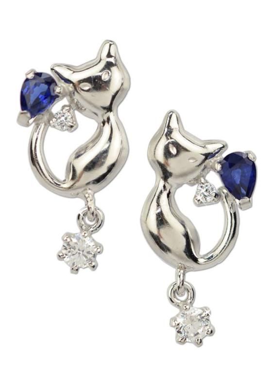 四葉のクローバー] 14金 サファイア ジルコニア 猫ピアス 14k
