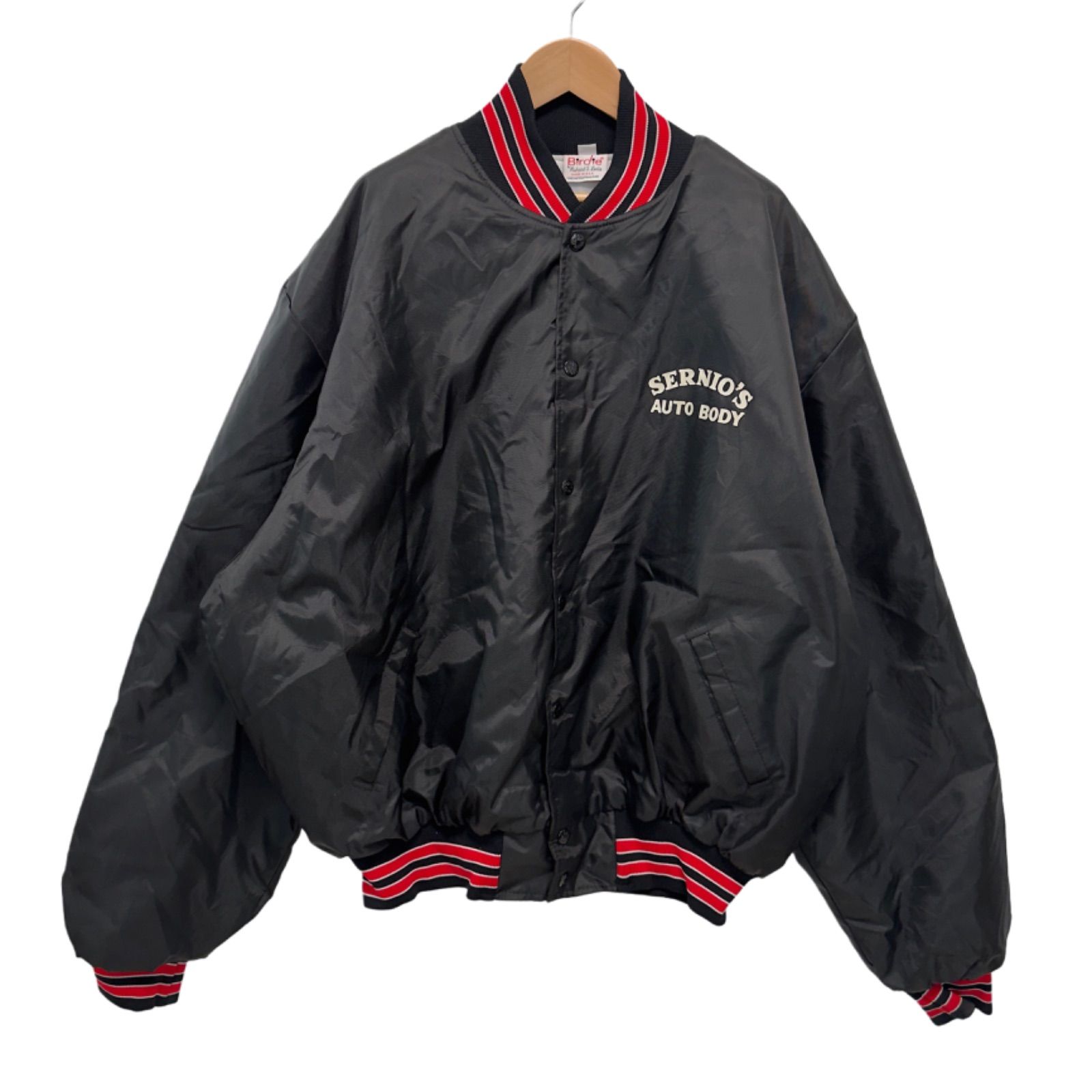 【161】90sUSA製Birdieバーディースタジアムジャンパー刺繍ロゴ黒L Birdie Nylon Stadium Jacket 1990s L 304134 USA バーディー ナイロン