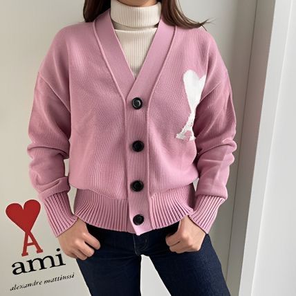 AMI PARIS｜アミパリ ピンク ビックハート ロゴ入り カーディガン 男女