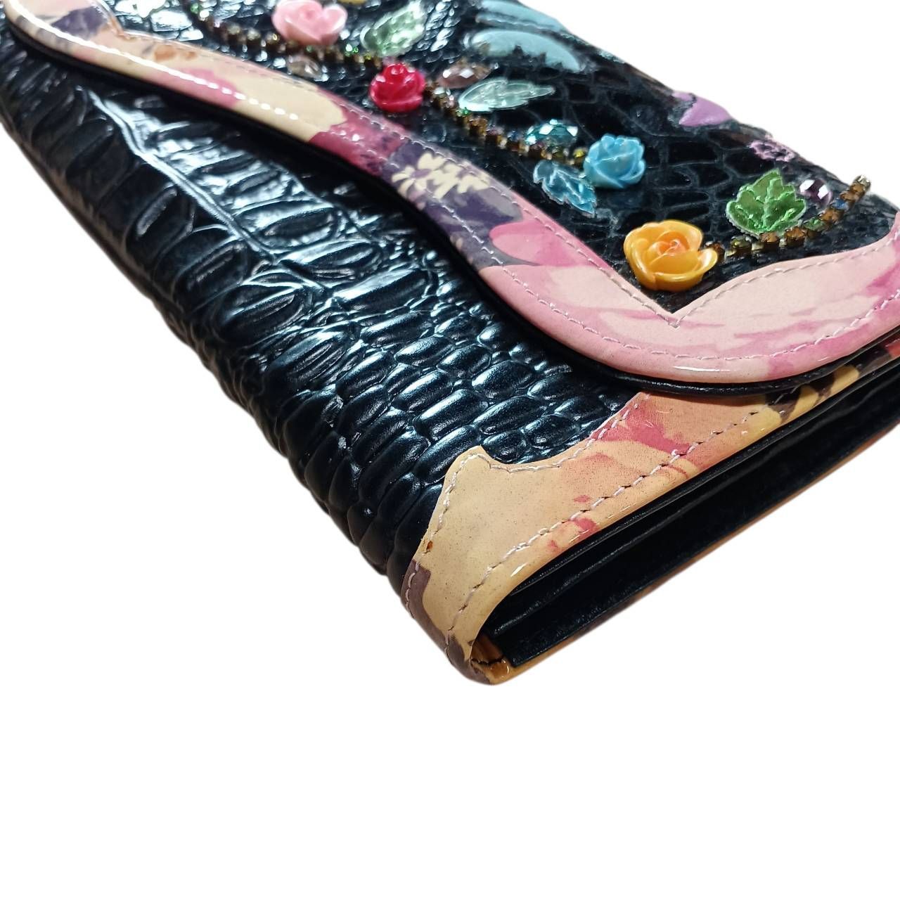 美品✨ MICHEL ANGELO 長財布 ビジュー 刺繍 型押し 多目的 N1273】MICHELANGELO ミケランジェロ 長財布 ビジュー 刺繍 型