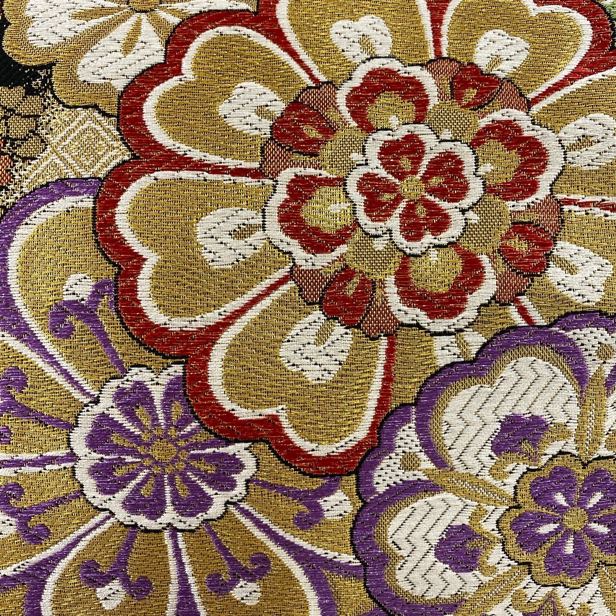 袋帯 秀品 振袖向き 桜 菱 金糸 箔 黒 六通 正絹