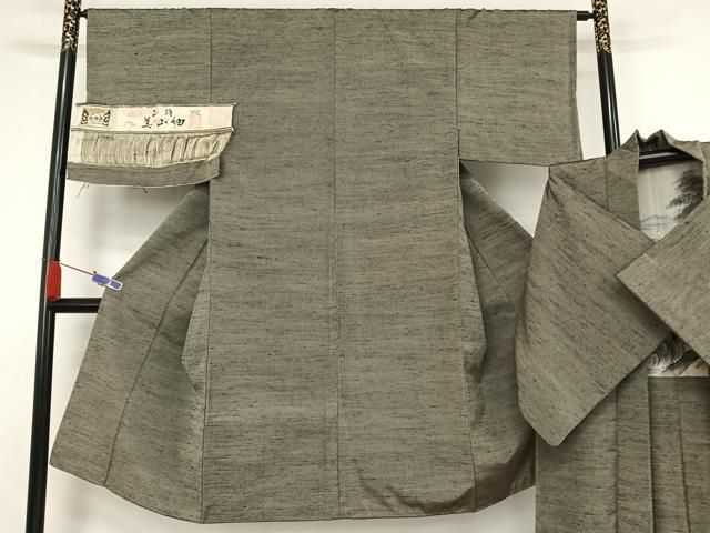 平和屋着物●男性 美山紬 アンサンブル 鼠色 証紙付き 正絹 AAAV9074np