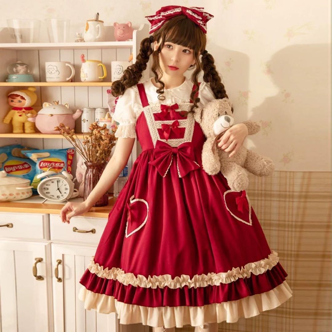 誕生日プレゼント ロリータ】赤ハートポケットJSK♪ベージュ×リボン 甘ロリ コスプレ衣装