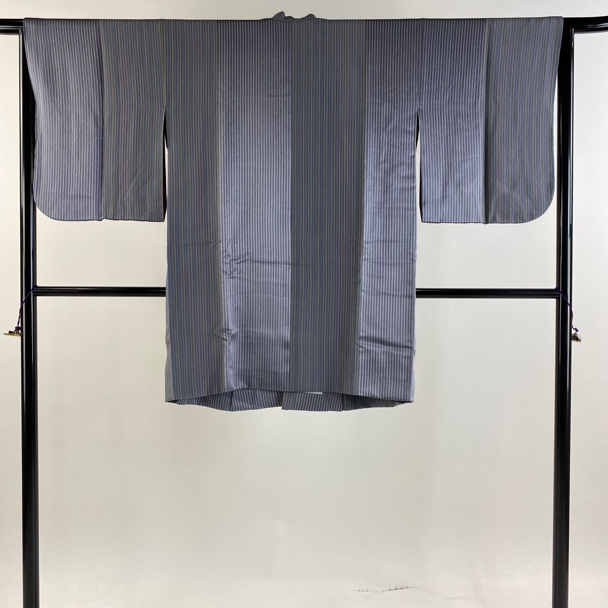 道中着 身丈92cm 裄丈65cm M 和装コート 縦縞 青灰色 正絹 美品 秀品 