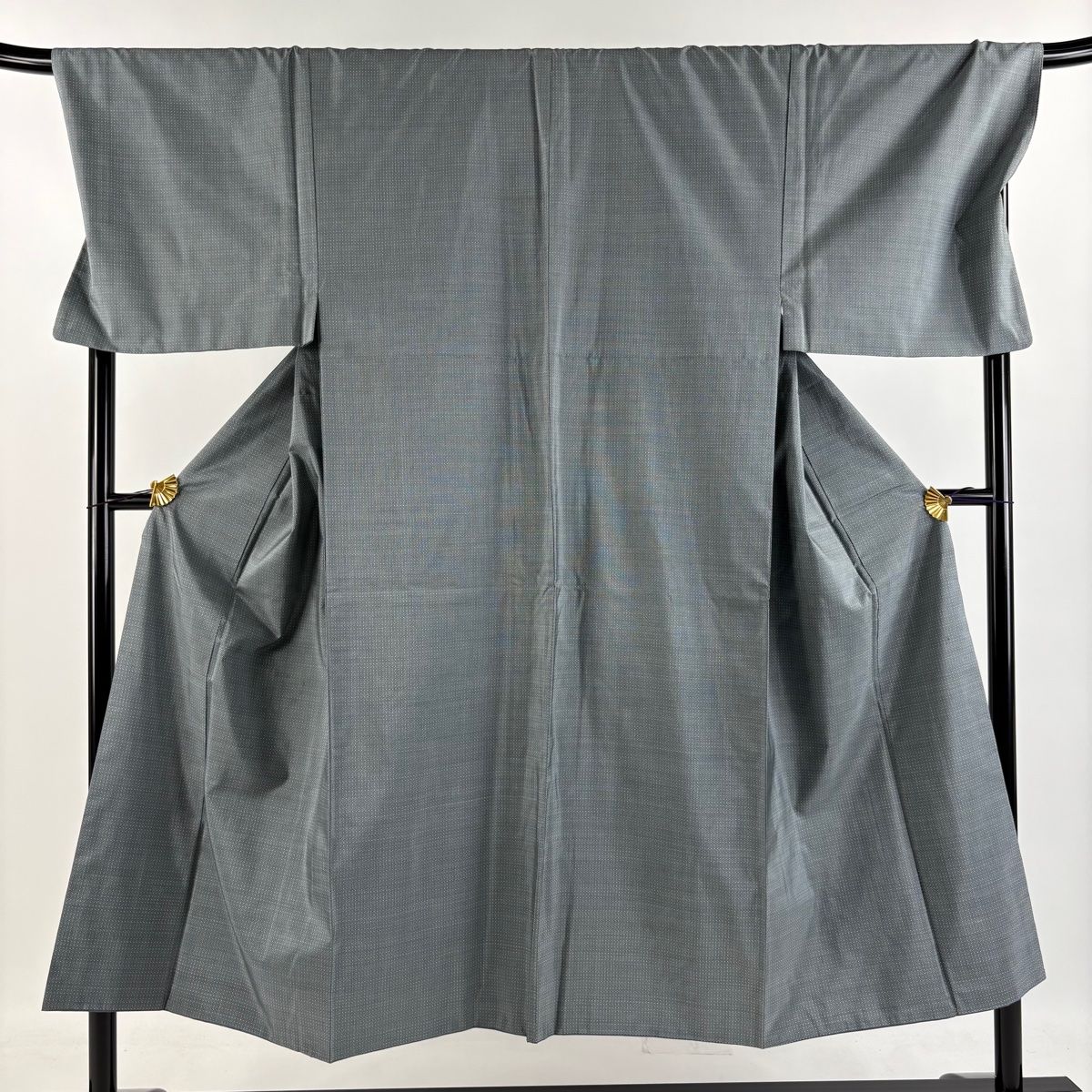 男着物 身丈147cm 裄丈72.5cm M 袷 アンサンブル 紬 幾何学 灰緑 正絹 名品 【】