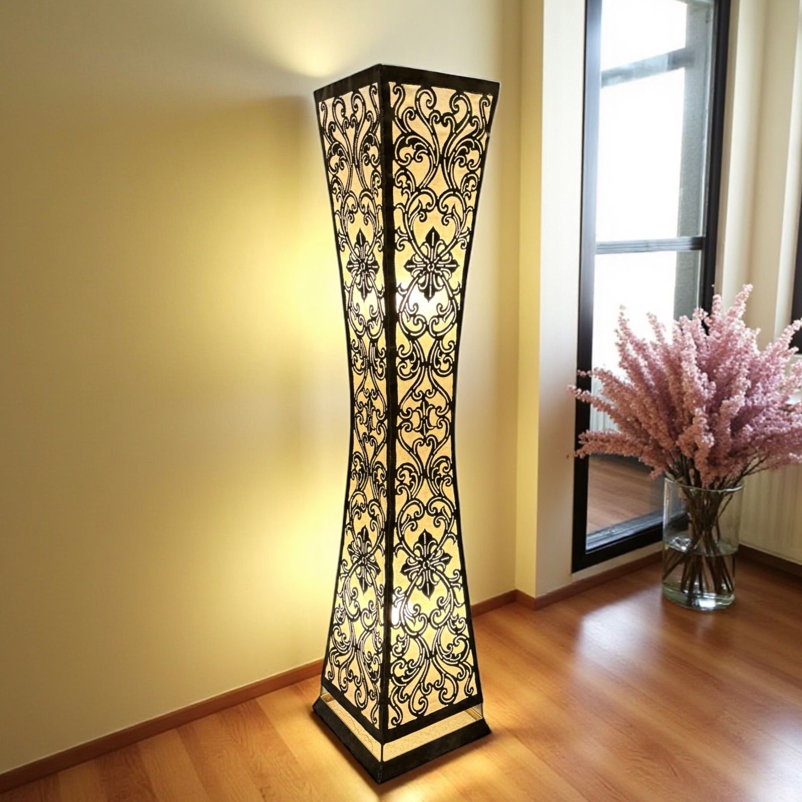 アイアン モロッコ 2灯式 フロアライト 角柱 おしゃれ インテリア照明 ハンドメイド 自然素材 布張り ライト 照明 モダン インテリア