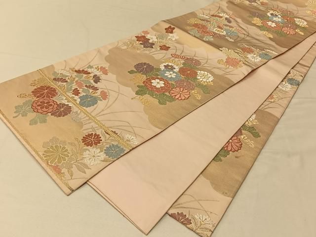 夏帯 絽 唐織 袋帯 六通柄 正絹 花文 菊 雲 イ5564 平和屋着物◎六通柄袋帯 唐織 草花文 金銀糸 正絹 逸品