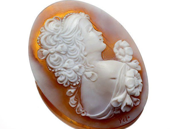 ジュエリー極】作家品 サイン刻印有 花に囲まれた貴婦人 シェルカメオ