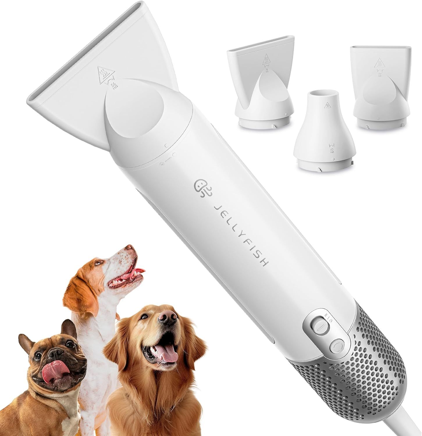 Jellyfishペットドライヤー ペットグルーミング用の犬ドライヤー 高速ペットブロワー 小型 コンパクト 0.5キログラムの軽量ポータブル 犬 猫用ドライヤー 時短 速乾 温度風量調節 3種ノズル付き 家庭用および旅行用 PSE認証