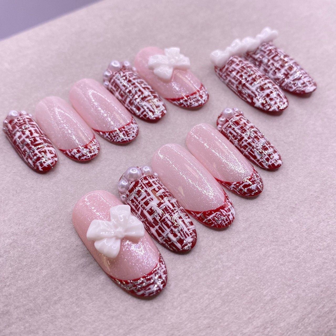 【No.038】ネイルチップ♡ツイードネイル♡埋めつくしネイル♡リボンネイル No.038】ネイルチップ♡ツイードネイル♡埋めつくしネイル